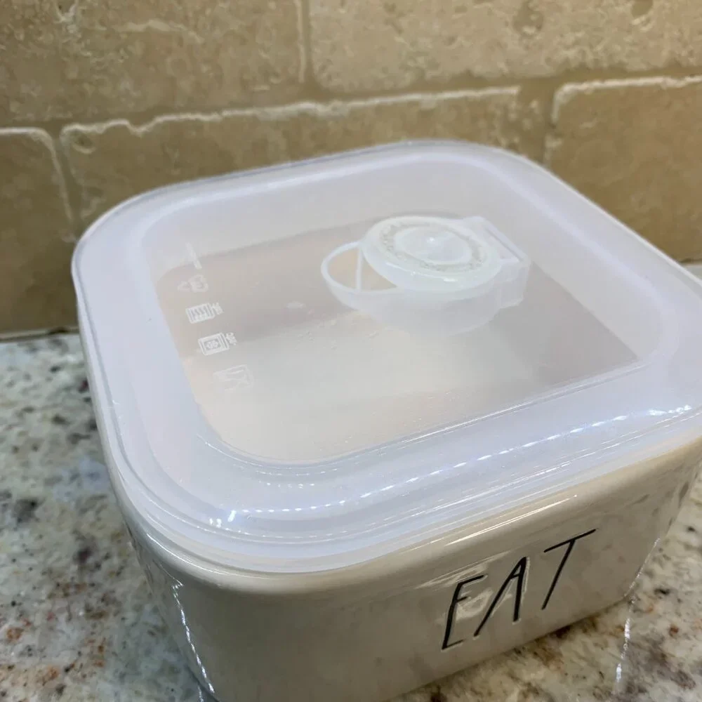 Rae Dunn EAT Ceramic Food Storage Container With Vented Plastic Lid
